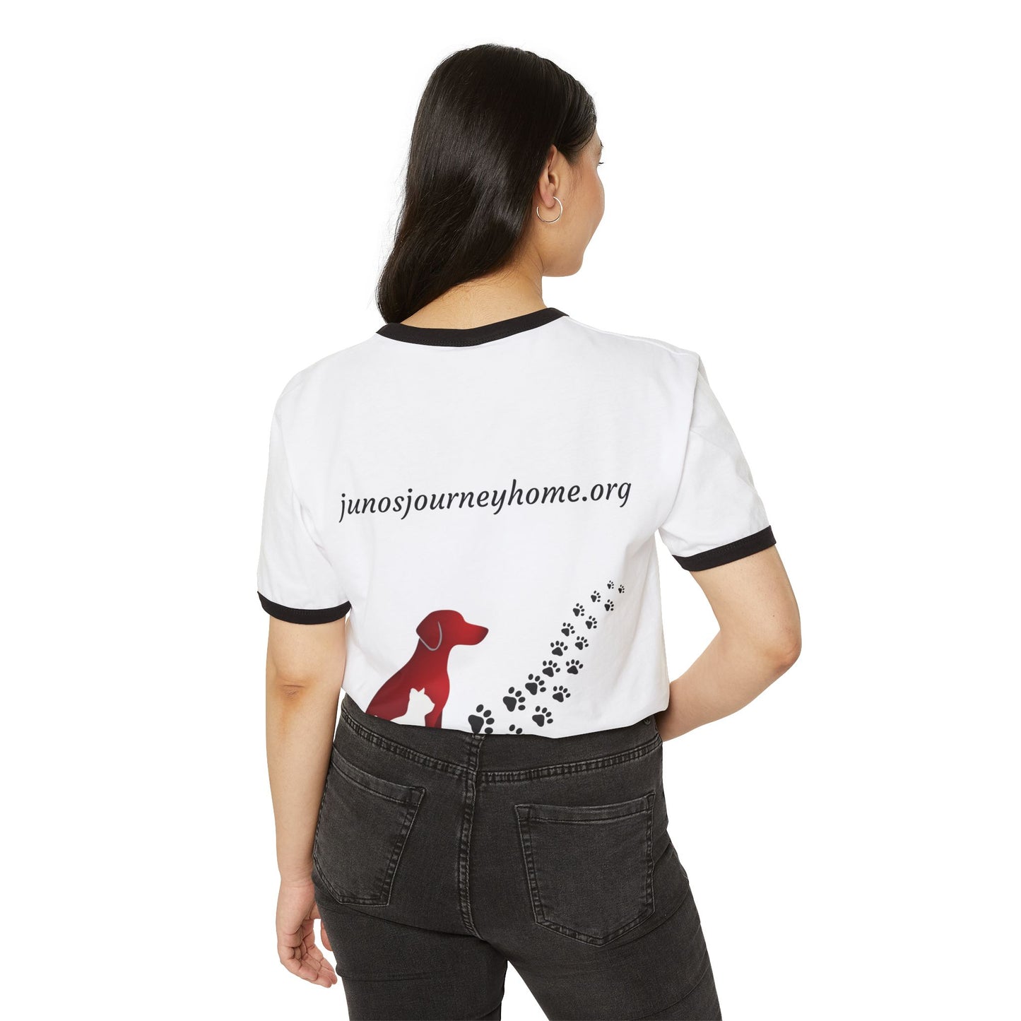 Juno’s Journey Home Foundation Ringer Tee | Rescue Dog Pawprint Fundraiser Shirt