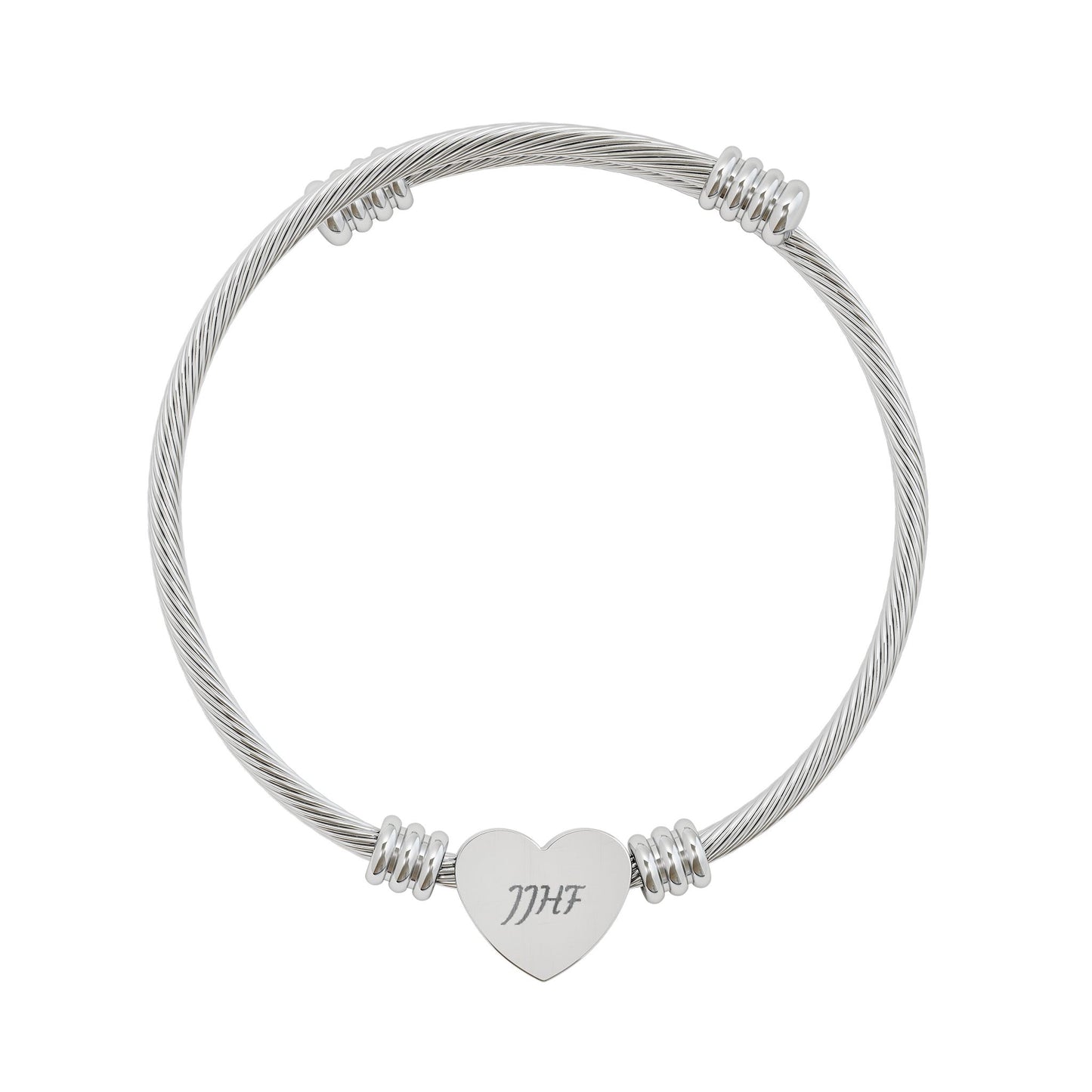 Engravable Heart Cuff Bracelet | Personalized Initials Cable Bangle (Silver or Gold)