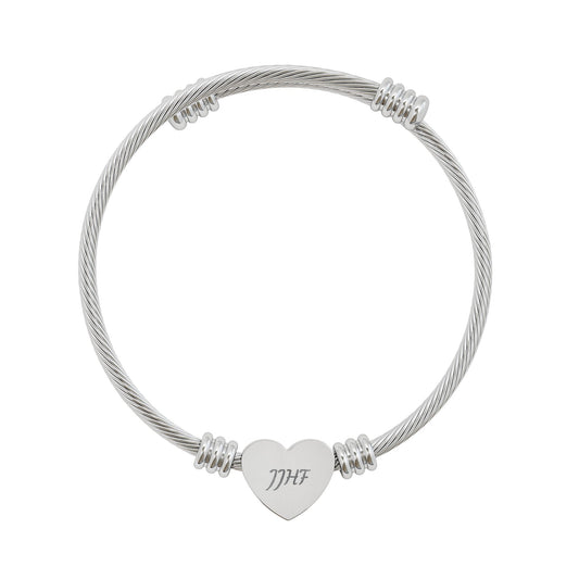 Engravable Heart Cuff Bracelet | Personalized Initials Cable Bangle (Silver or Gold)
