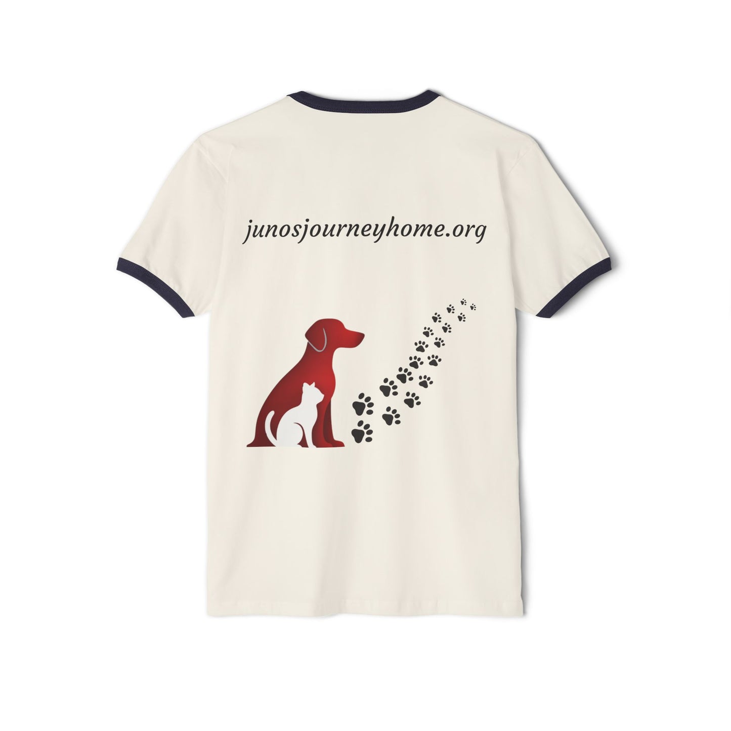Juno’s Journey Home Foundation Ringer Tee | Rescue Dog Pawprint Fundraiser Shirt