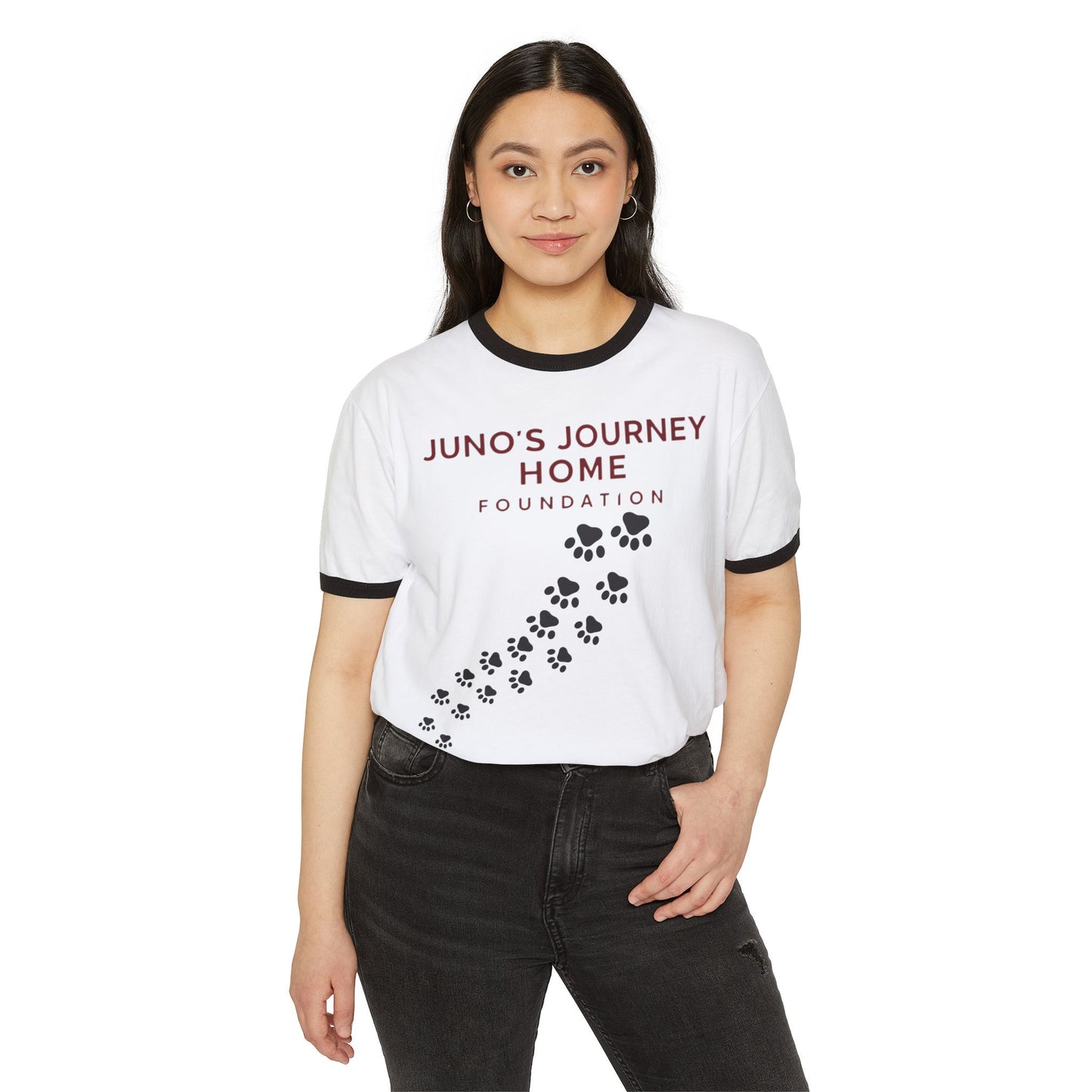 Juno’s Journey Home Foundation Ringer Tee | Rescue Dog Pawprint Fundraiser Shirt