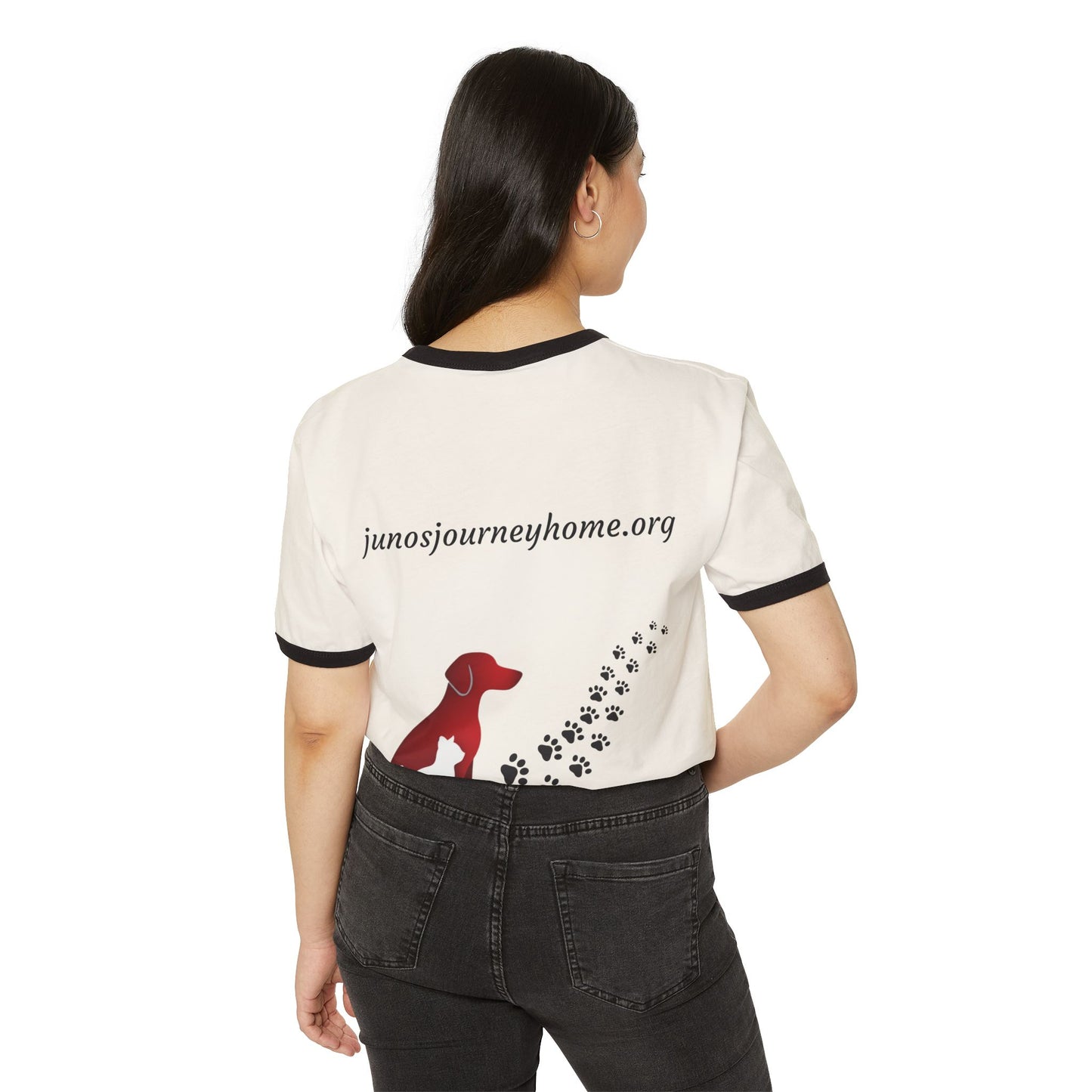 Juno’s Journey Home Foundation Ringer Tee | Rescue Dog Pawprint Fundraiser Shirt