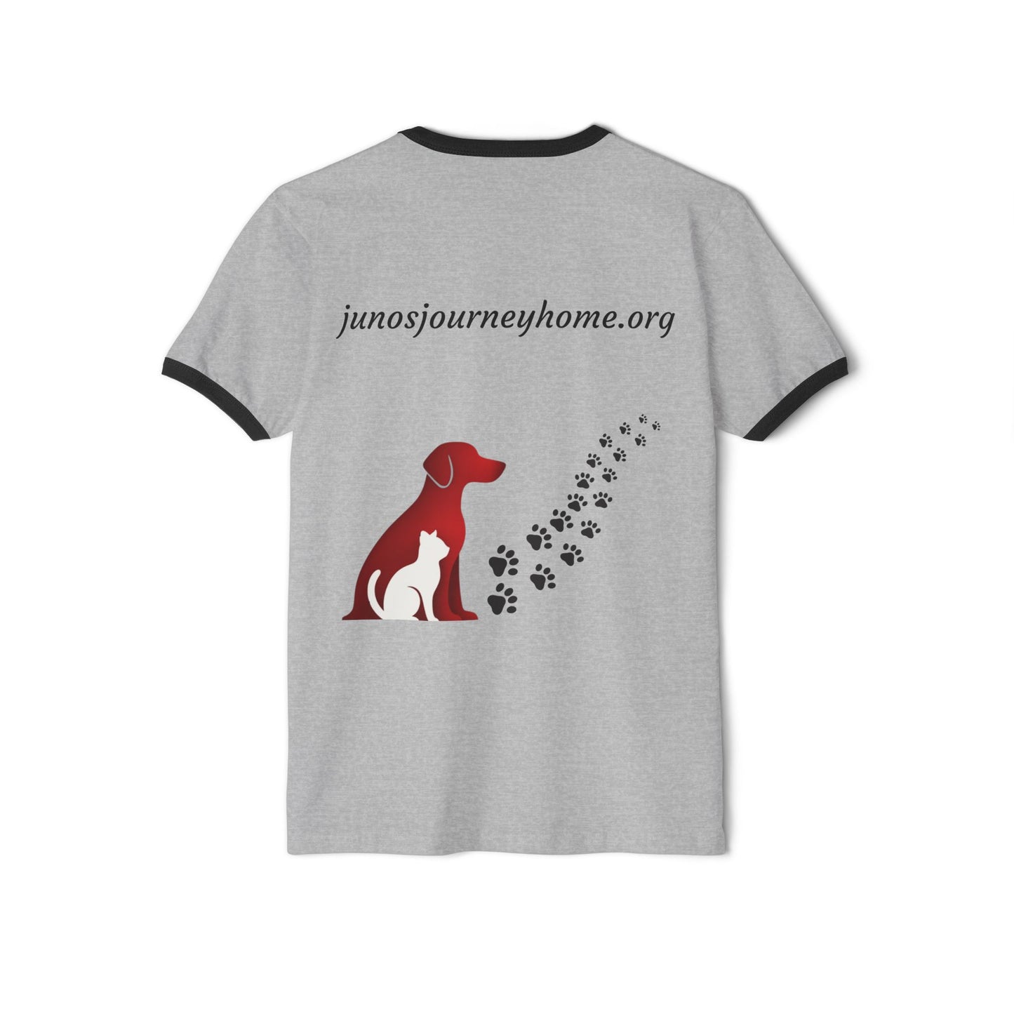 Juno’s Journey Home Foundation Ringer Tee | Rescue Dog Pawprint Fundraiser Shirt