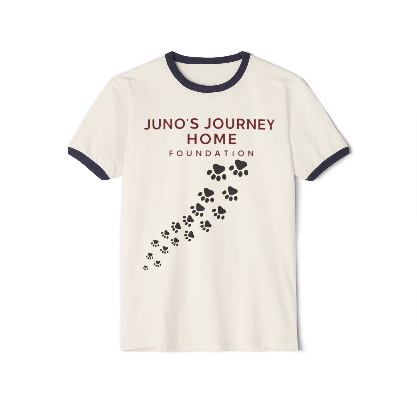 Juno’s Journey Home Foundation Ringer Tee | Rescue Dog Pawprint Fundraiser Shirt