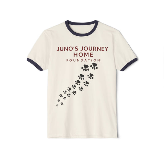 Juno’s Journey Home Foundation Ringer Tee | Rescue Dog Pawprint Fundraiser Shirt