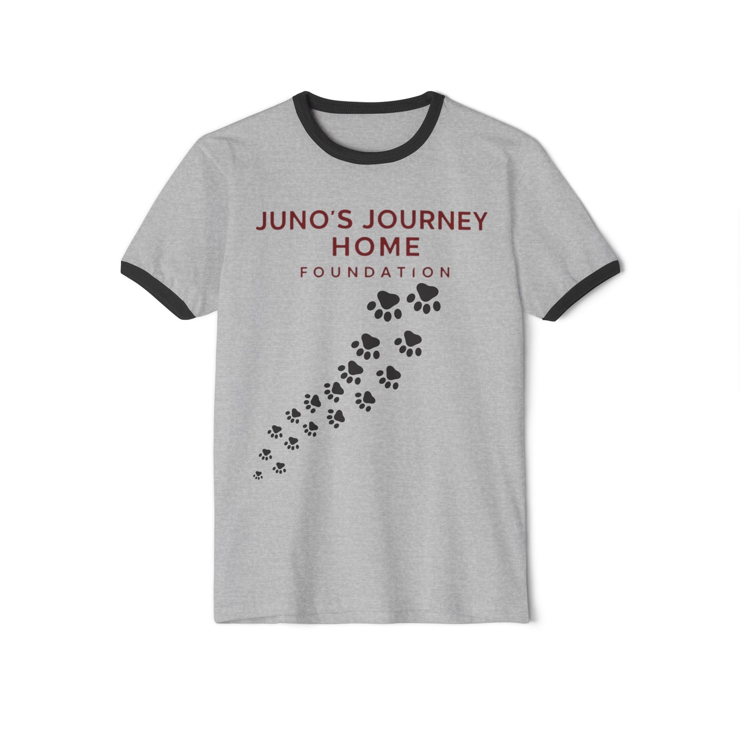 Juno’s Journey Home Foundation Ringer Tee | Rescue Dog Pawprint Fundraiser Shirt