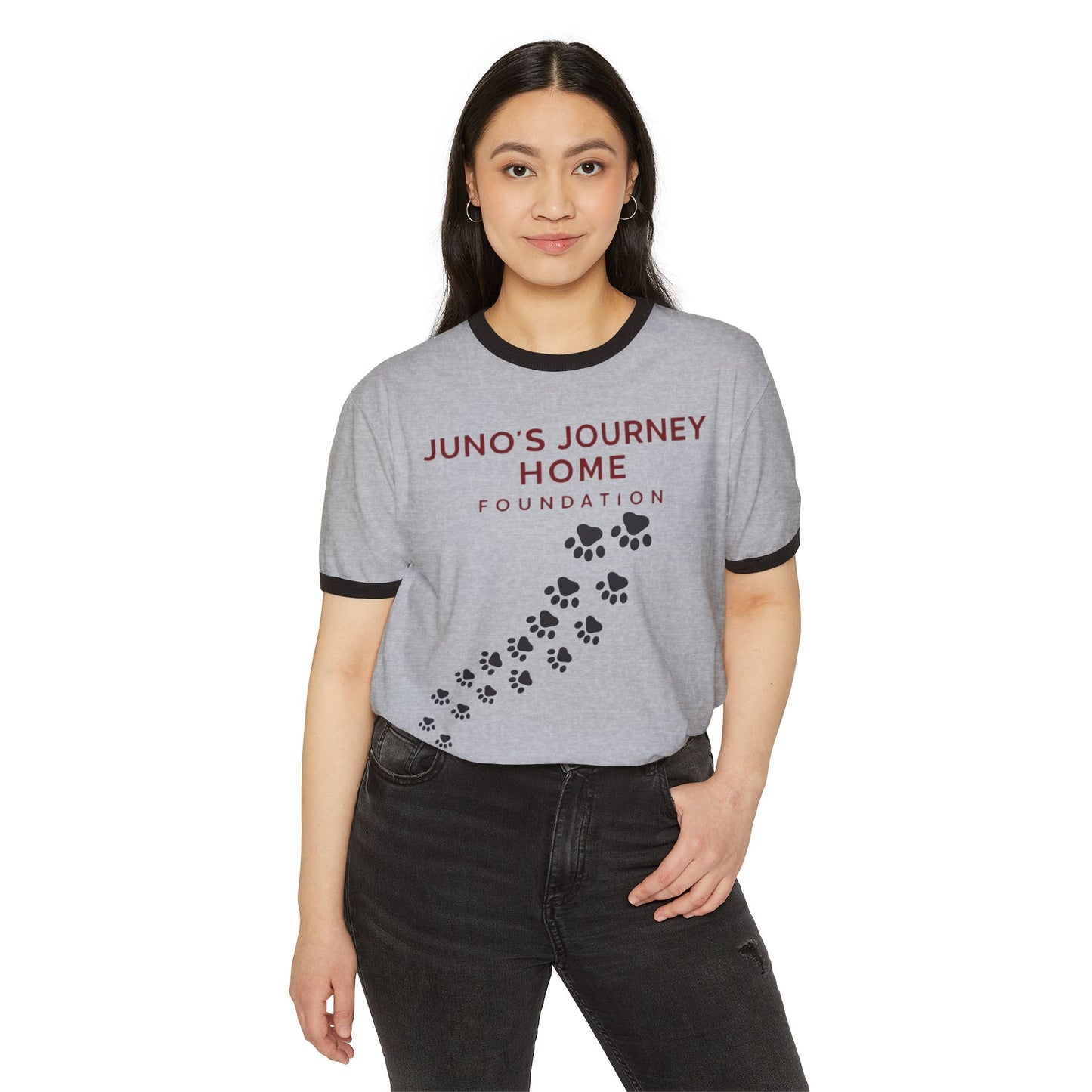 Juno’s Journey Home Foundation Ringer Tee | Rescue Dog Pawprint Fundraiser Shirt