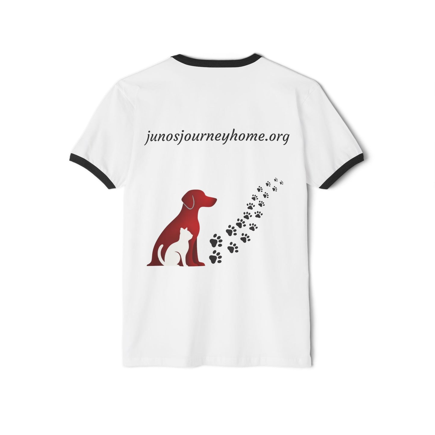 Juno’s Journey Home Foundation Ringer Tee | Rescue Dog Pawprint Fundraiser Shirt