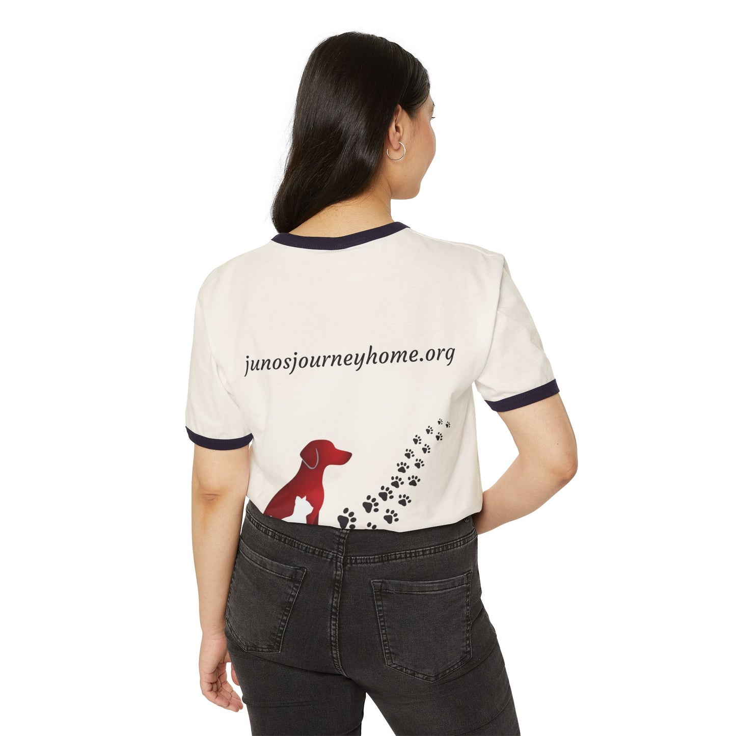 Juno’s Journey Home Foundation Ringer Tee | Rescue Dog Pawprint Fundraiser Shirt