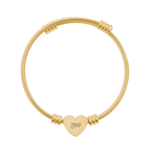 Engravable Heart Cuff Bracelet | Personalized Initials Cable Bangle (Silver or Gold)