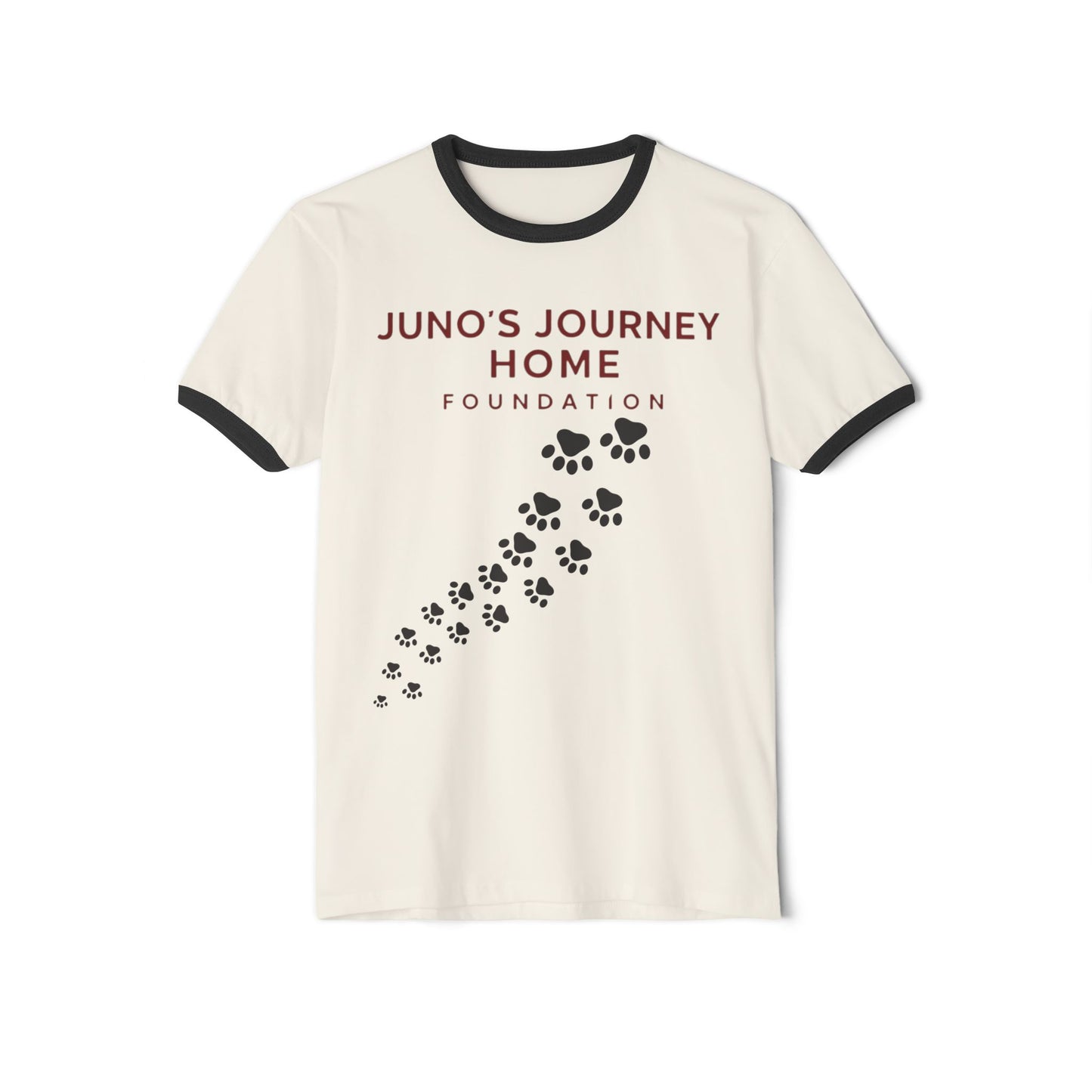 Juno’s Journey Home Foundation Ringer Tee | Rescue Dog Pawprint Fundraiser Shirt