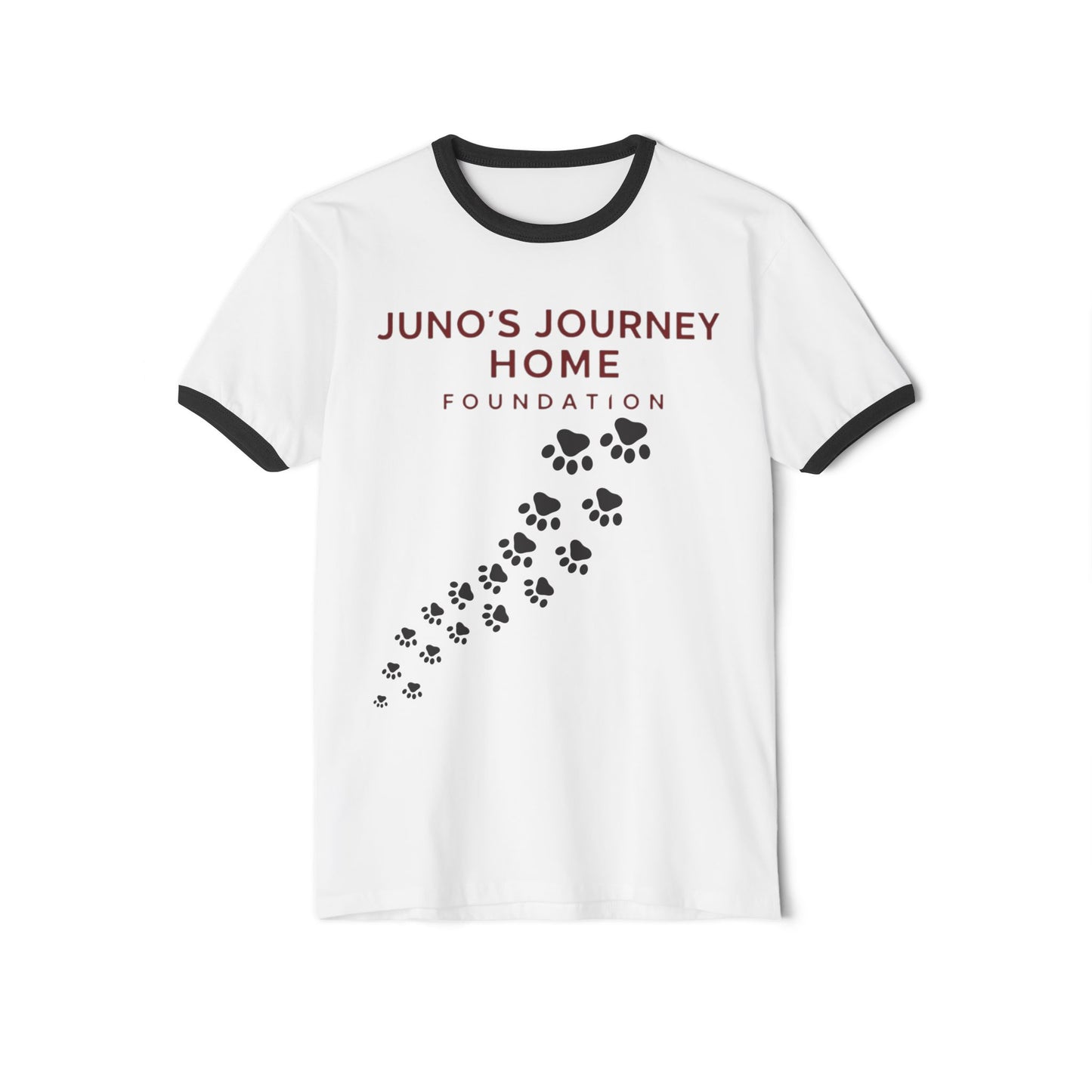 Juno’s Journey Home Foundation Ringer Tee | Rescue Dog Pawprint Fundraiser Shirt