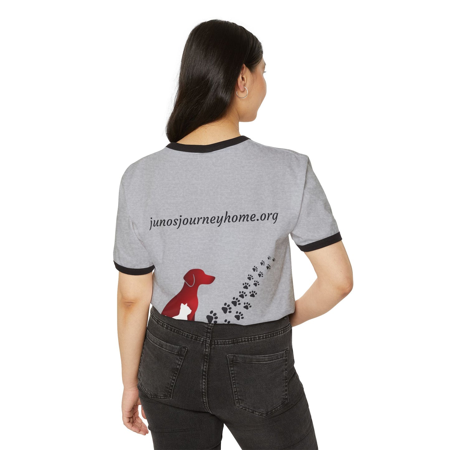 Juno’s Journey Home Foundation Ringer Tee | Rescue Dog Pawprint Fundraiser Shirt