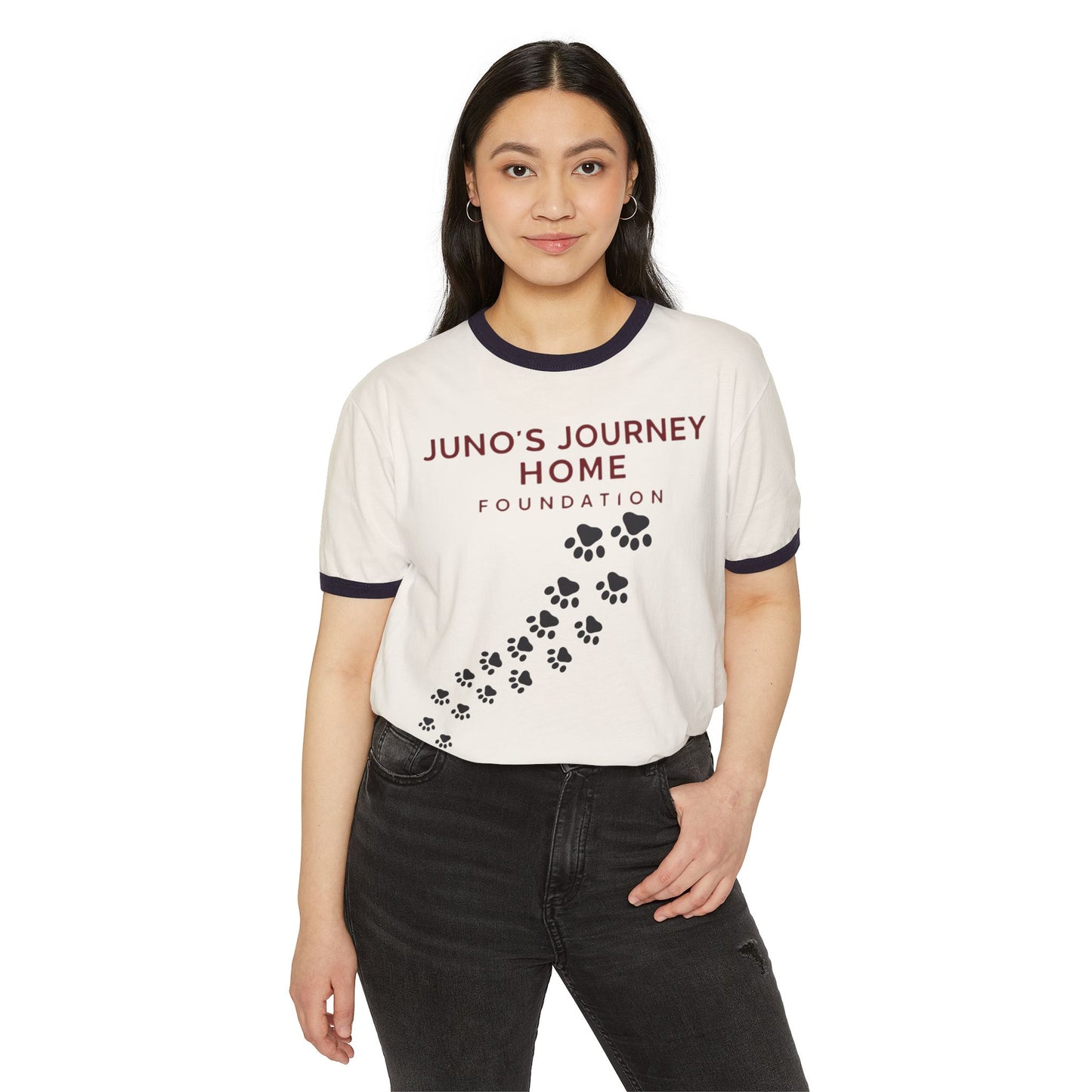 Juno’s Journey Home Foundation Ringer Tee | Rescue Dog Pawprint Fundraiser Shirt