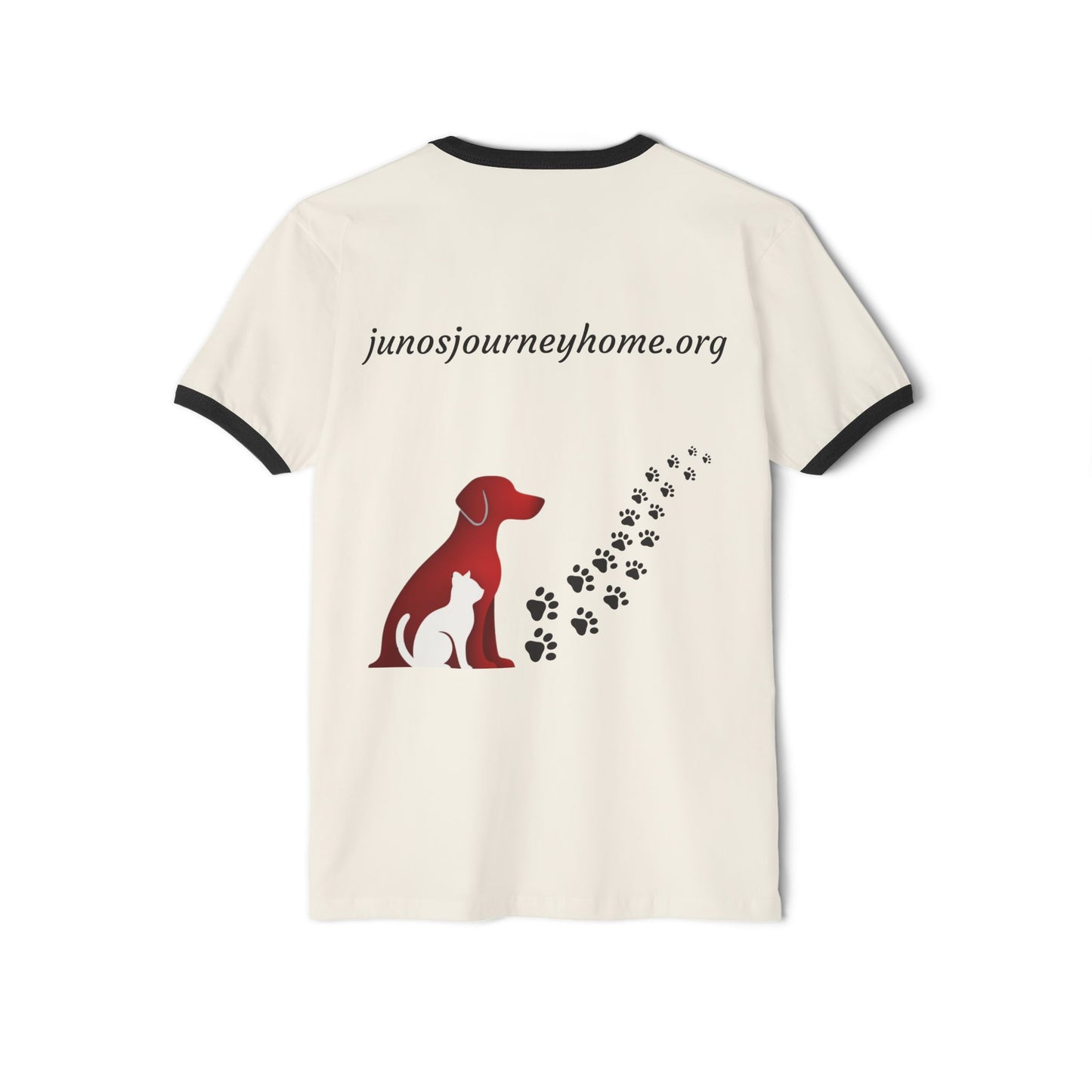 Juno’s Journey Home Foundation Ringer Tee | Rescue Dog Pawprint Fundraiser Shirt